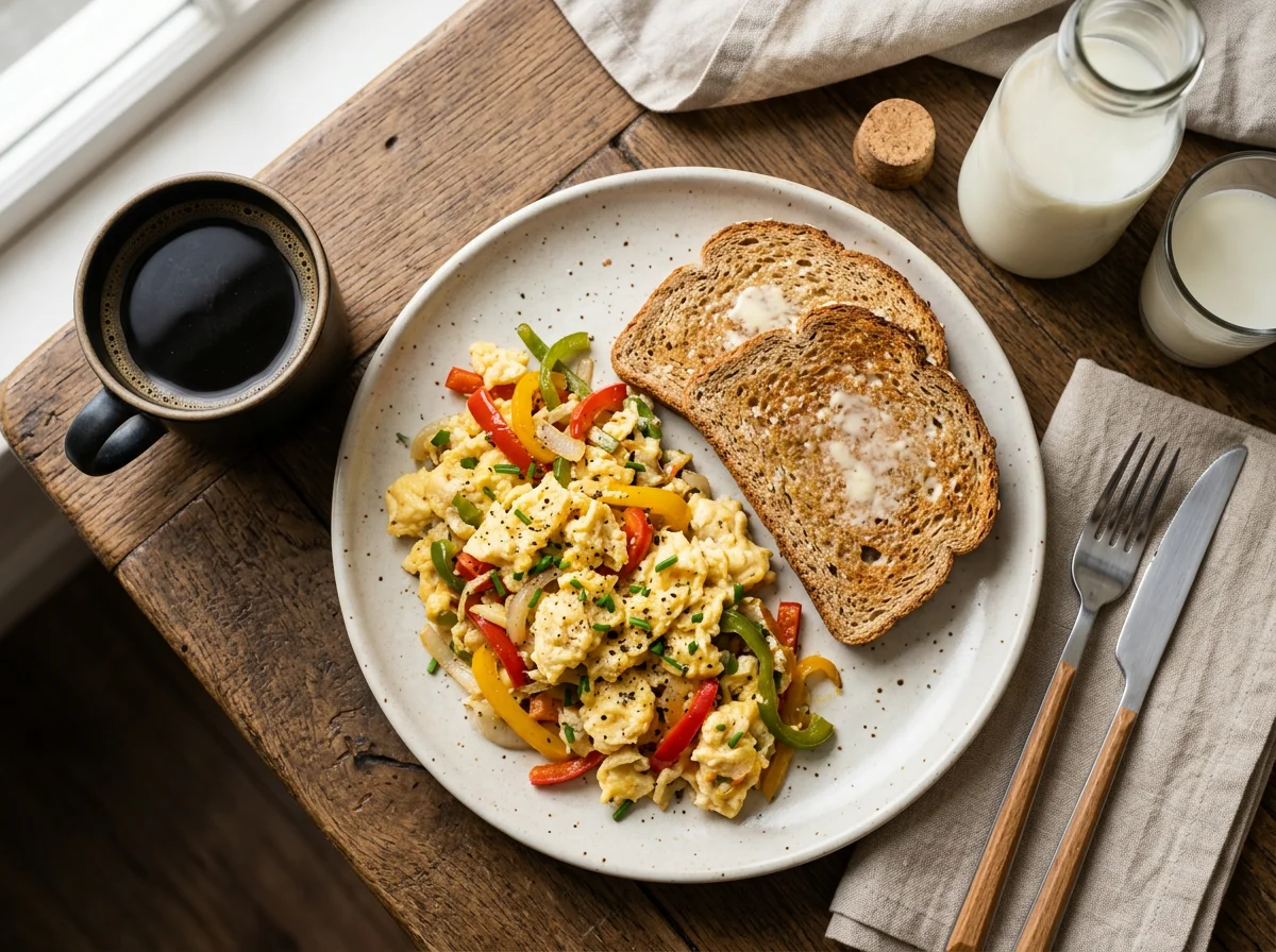 Scrambled Eggs with Toast and Drinks photo