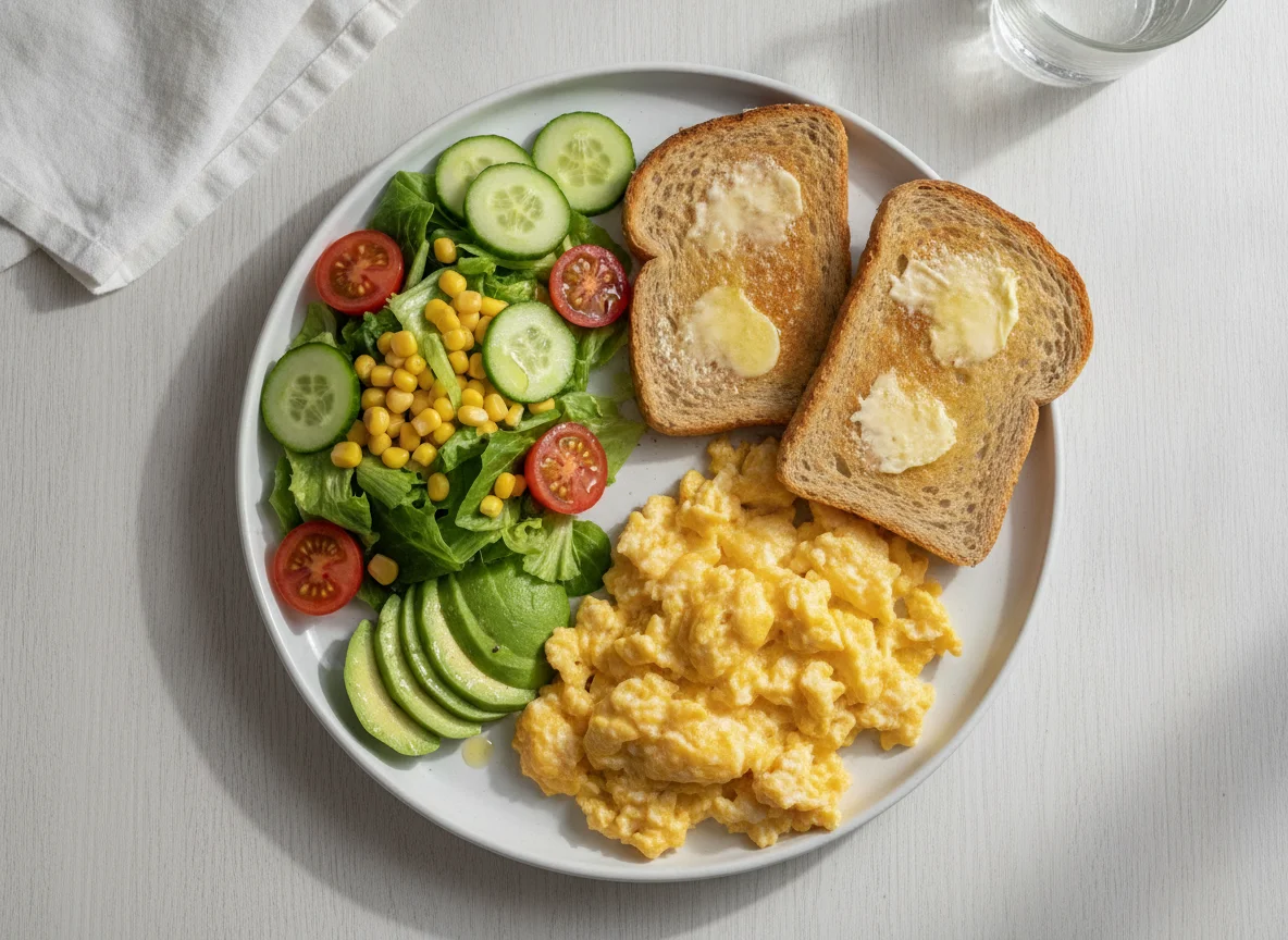 Scrambled eggs with toast and fresh salad photo