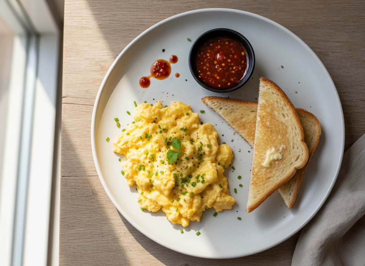 Scrambled Eggs with Toast and Hot Sauce photo