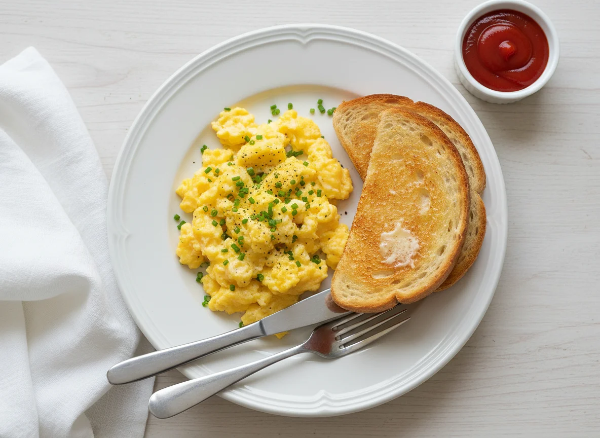 Scrambled eggs with toast and ketchup photo