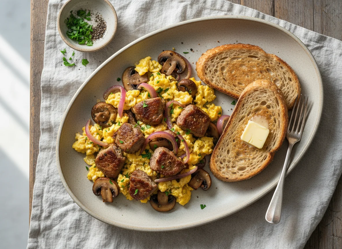Scrambled Eggs with Toast and Meat photo