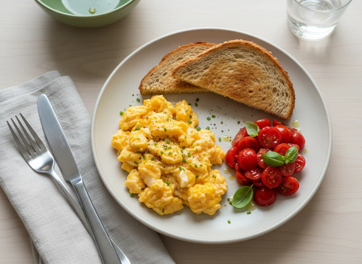 Scrambled Eggs with Toast and Tomatoes photo