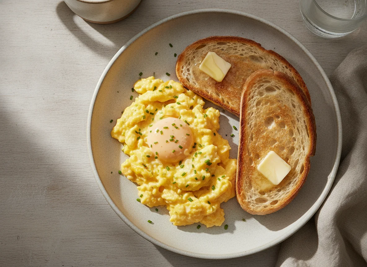 Scrambled eggs with toasted bread photo