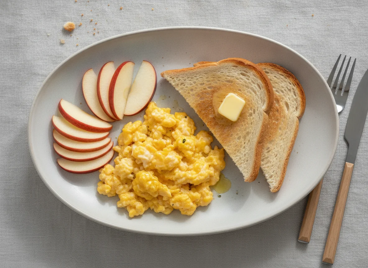 Scrambled eggs with toasted bread and apple slices photo