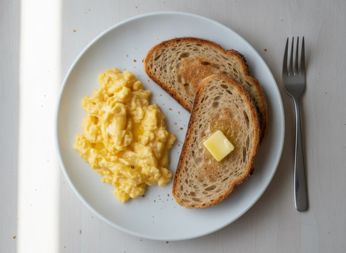 Scrambled eggs with toasted sourdough bread photo
