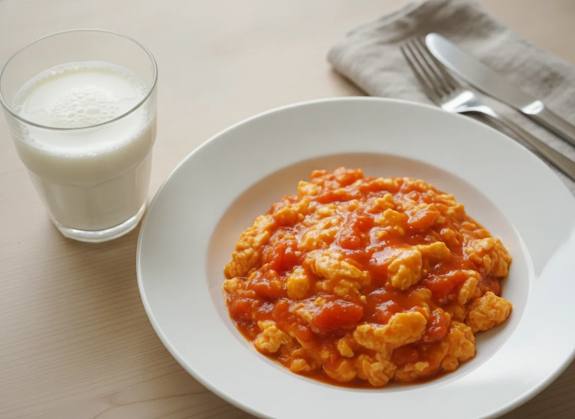 Scrambled eggs with tomato and a glass of milk photo