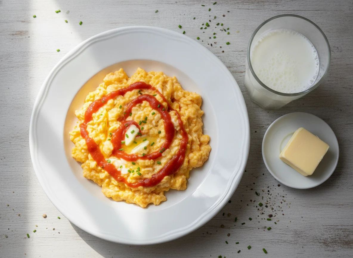 Scrambled eggs with tomato sauce and a glass of milk photo