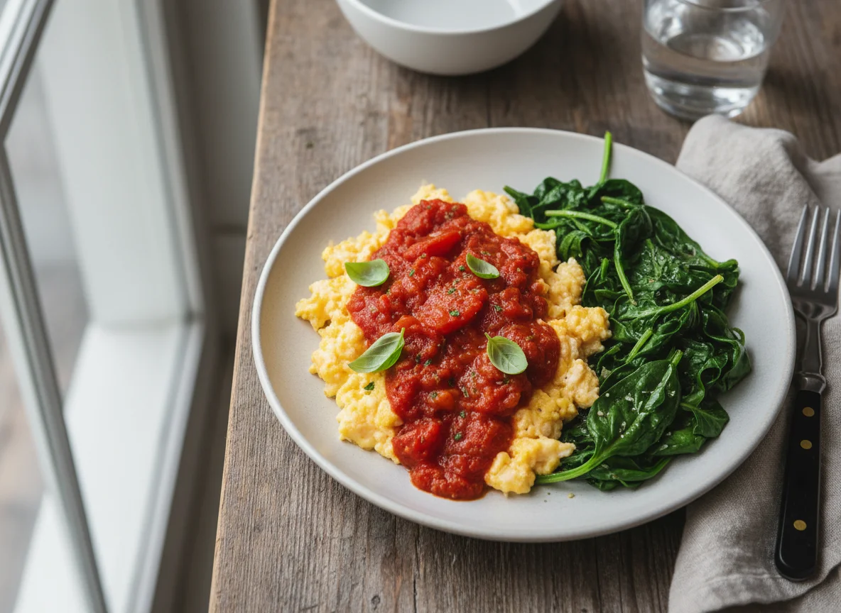 Scrambled Eggs with Tomato Sauce and Greens photo