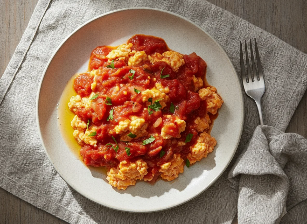 Scrambled eggs with tomato sauce photo