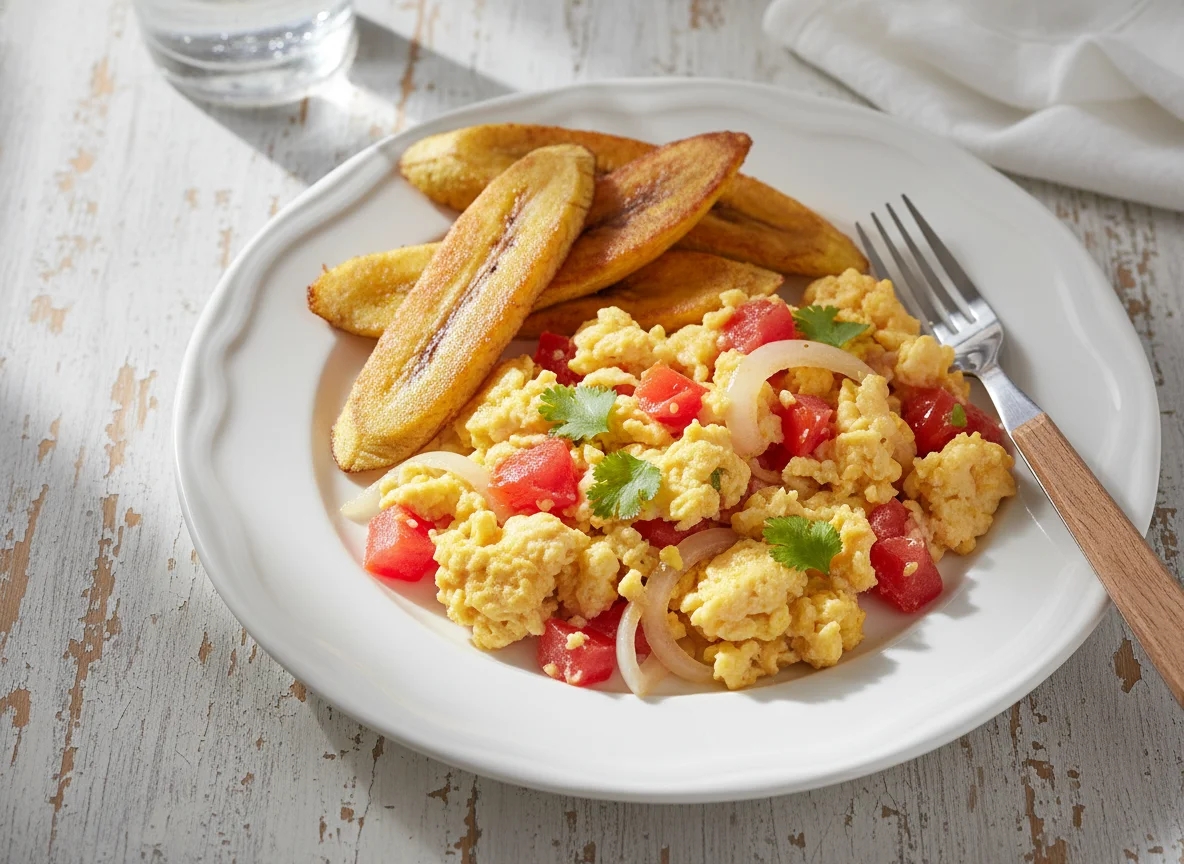 Scrambled Eggs with Tomatoes and Fried Plantains photo