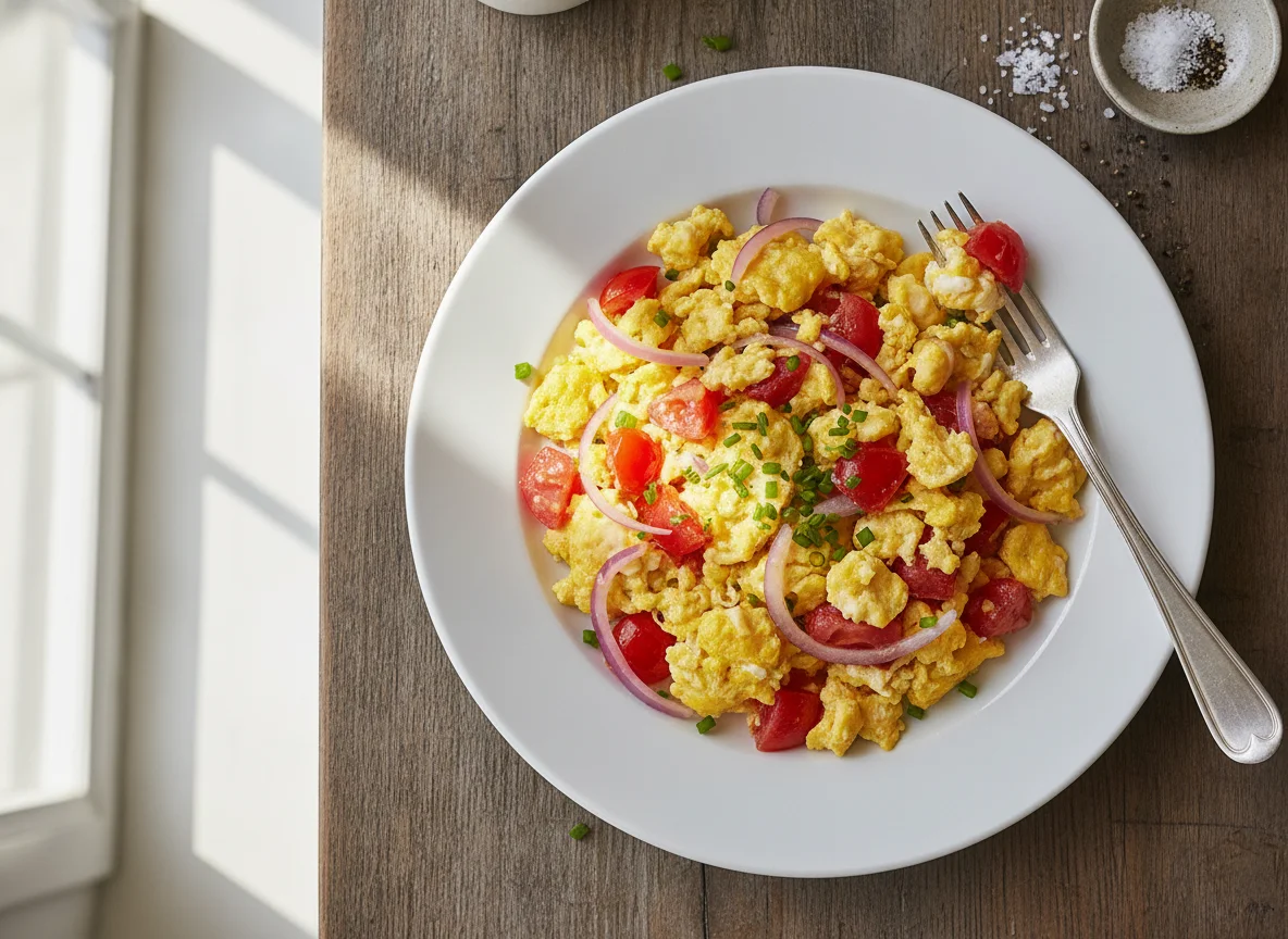 Scrambled Eggs with Tomatoes and Onions photo