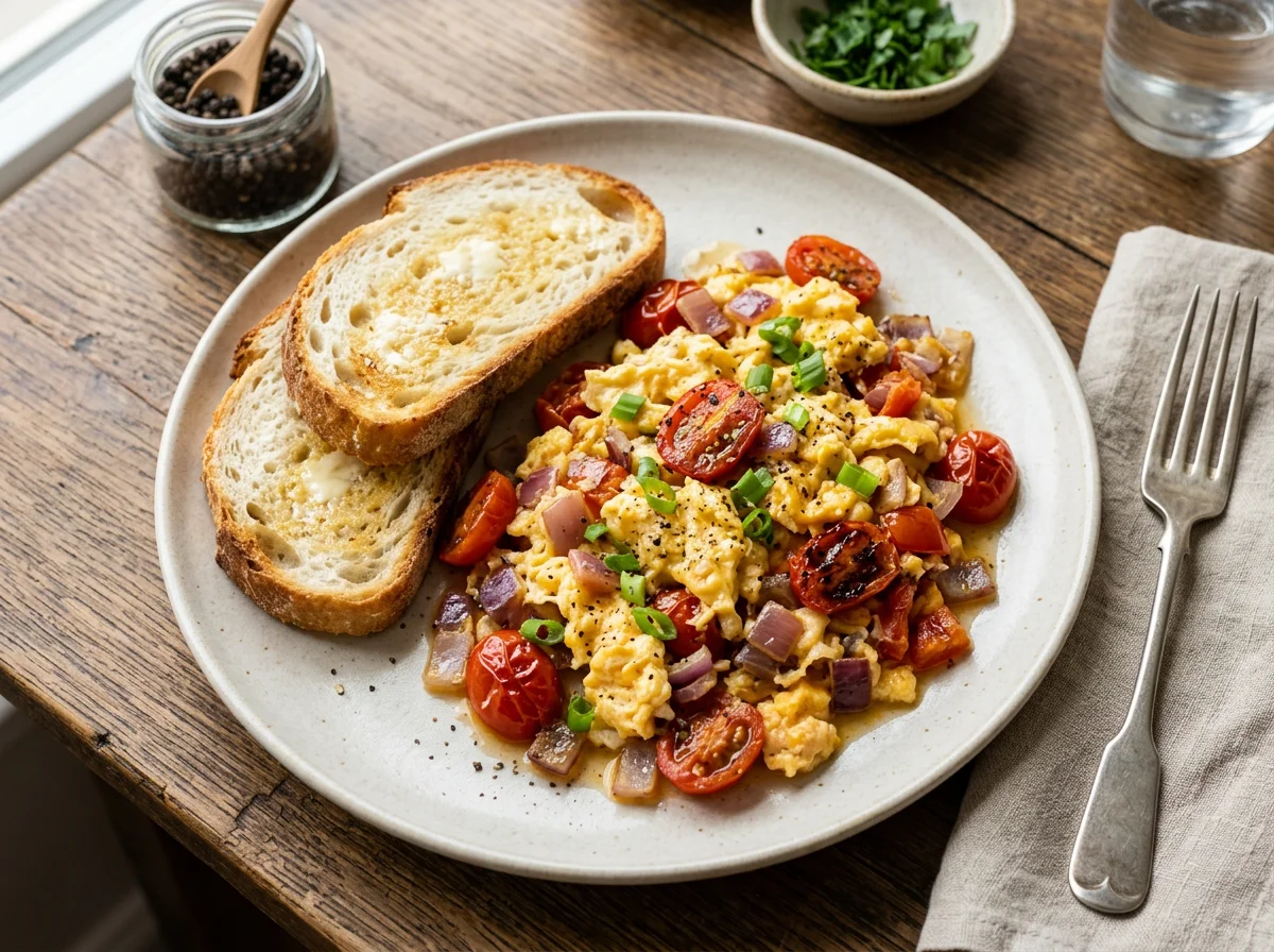Scrambled Eggs with Tomatoes and Onions, with Bread photo