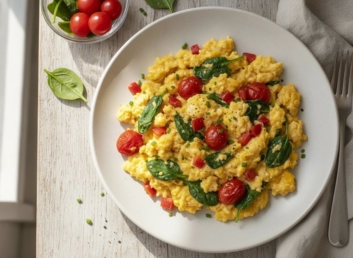 Scrambled eggs with tomatoes and spinach photo