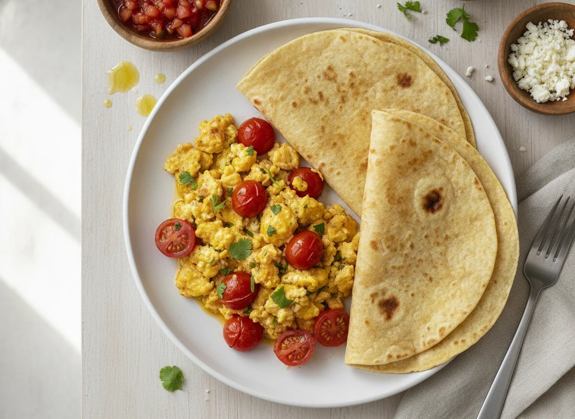 Scrambled eggs with tomatoes and tortilla photo