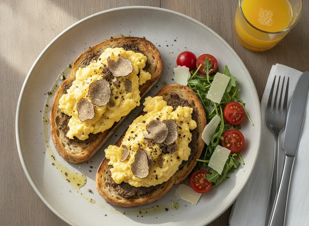 Scrambled eggs with truffle on sourdough toast photo
