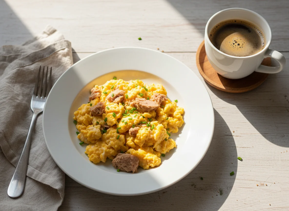 Scrambled Eggs with Tuna and Coffee photo