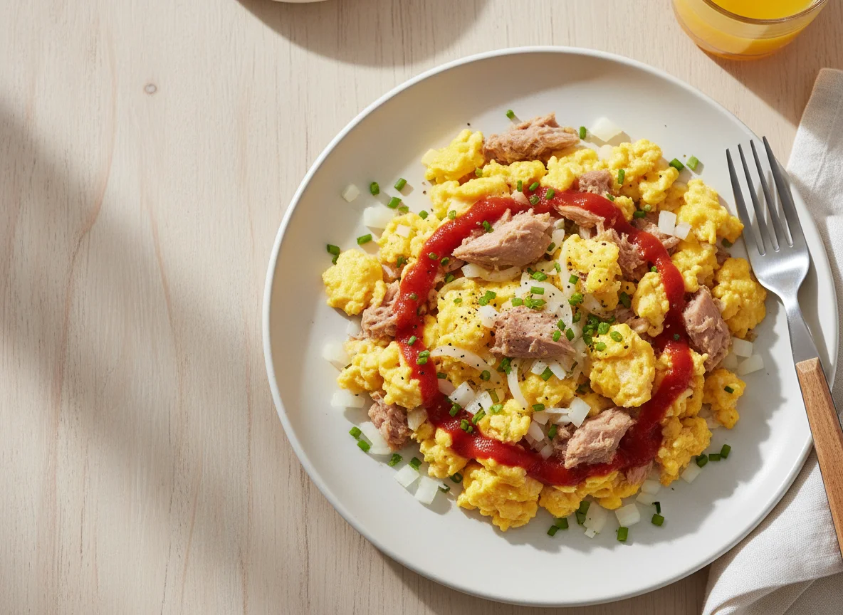 Scrambled Eggs with Tuna and Onion photo
