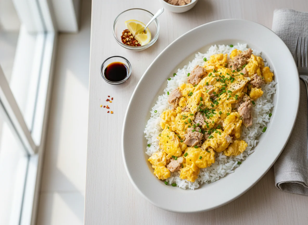 Scrambled Eggs with Tuna and Rice photo