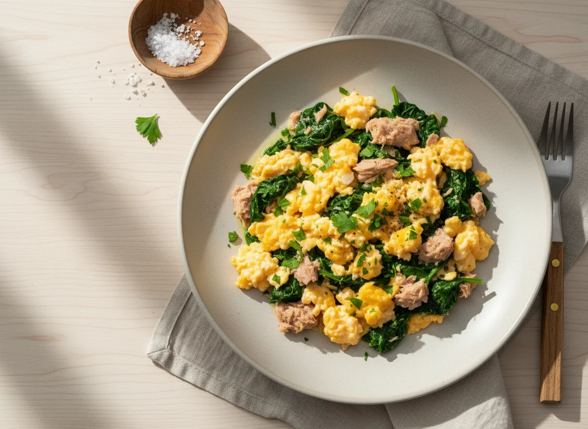 Scrambled Eggs with Tuna and Spinach photo