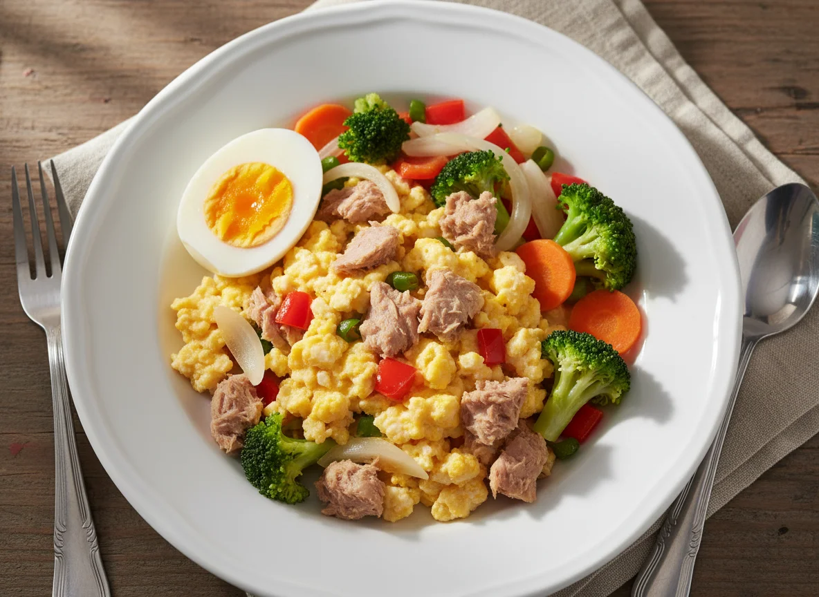 Scrambled Eggs with Tuna and Vegetables photo