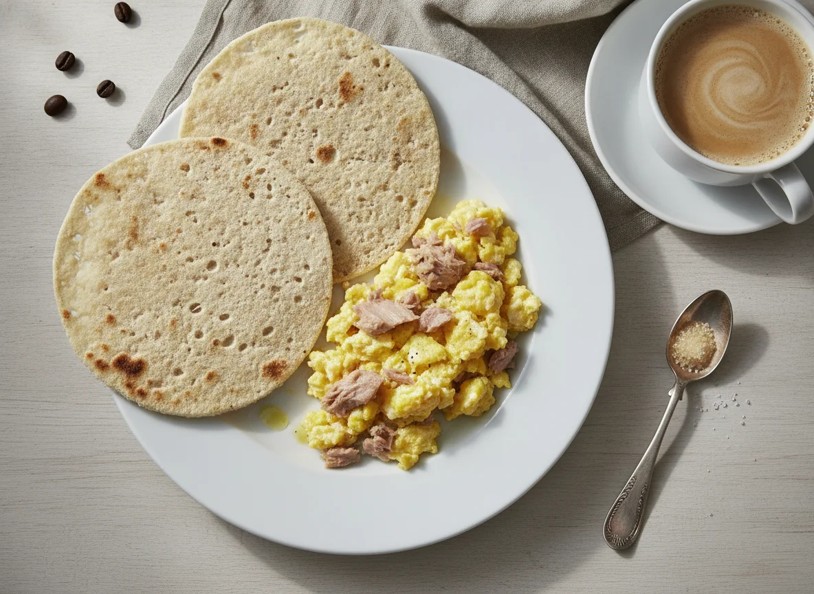 Scrambled eggs with tuna, cassava flatbread, and coffee with milk photo