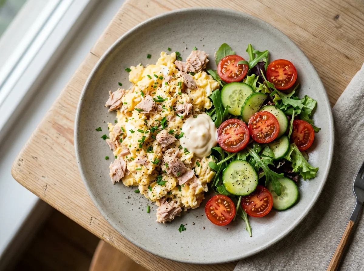 Scrambled Eggs with Tuna, Mayonnaise, and Salad photo