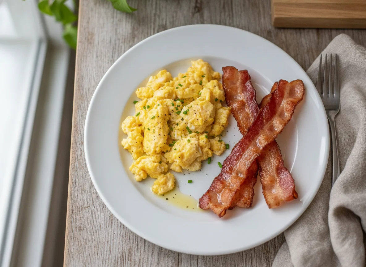 Scrambled eggs with turkey bacon photo