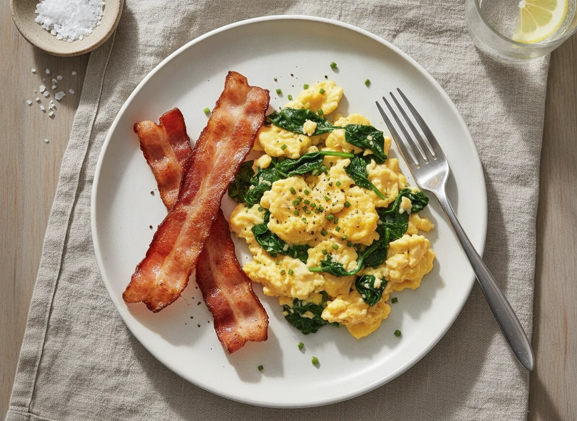 Scrambled eggs with turkey bacon and spinach photo
