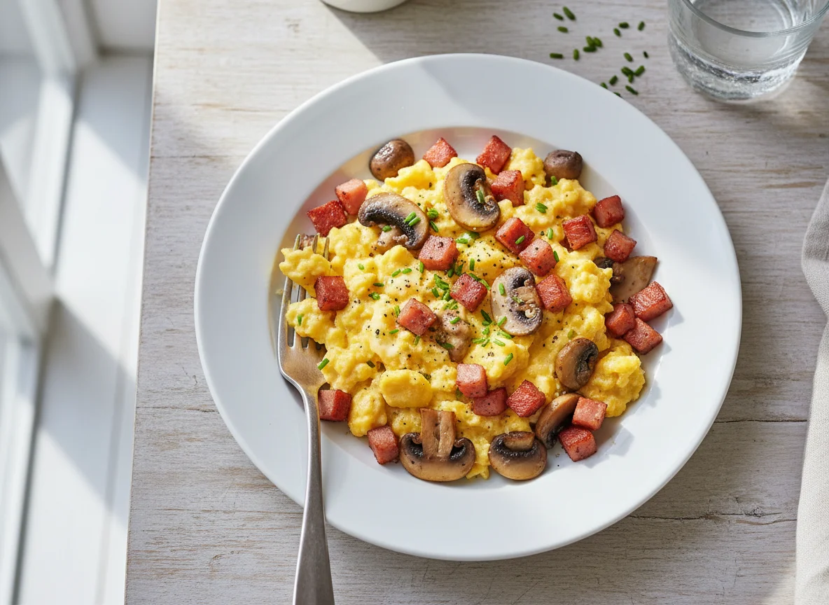 Scrambled Eggs with Turkey Ham and Mushrooms photo