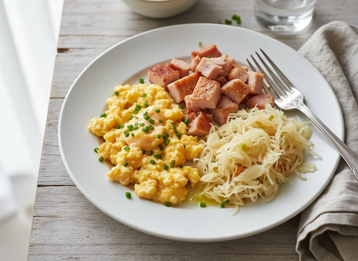 Scrambled Eggs with Turkey Ham and Sauerkraut photo