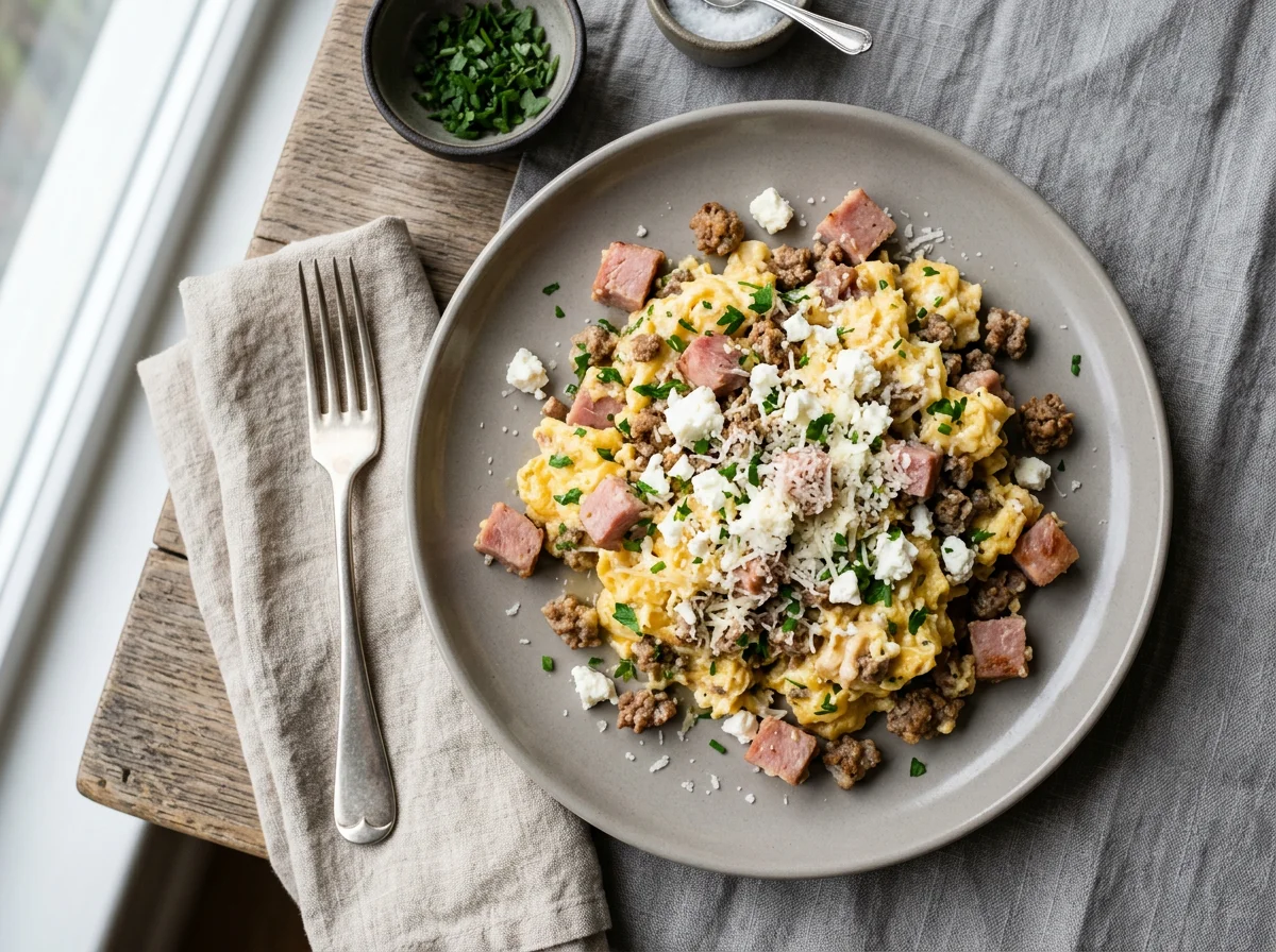 Scrambled Eggs with Turkey Ham, Ground Beef, Feta, and Parmesan photo