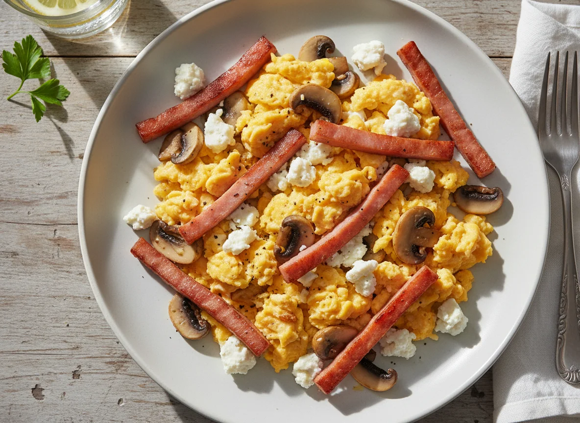 Scrambled Eggs with Turkey Ham, Mushrooms, and White Cheese photo