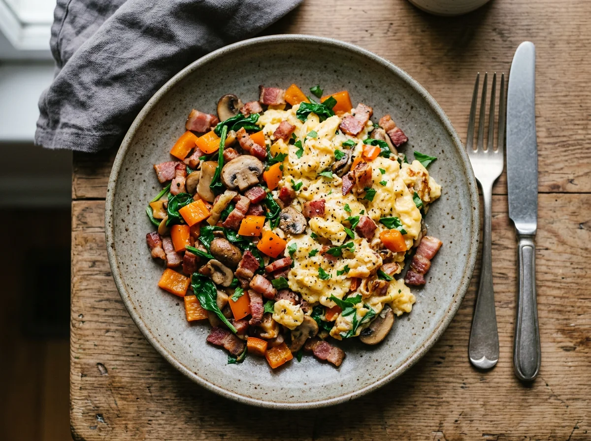 Scrambled Eggs with Vegetable and Bacon Stir-fry photo