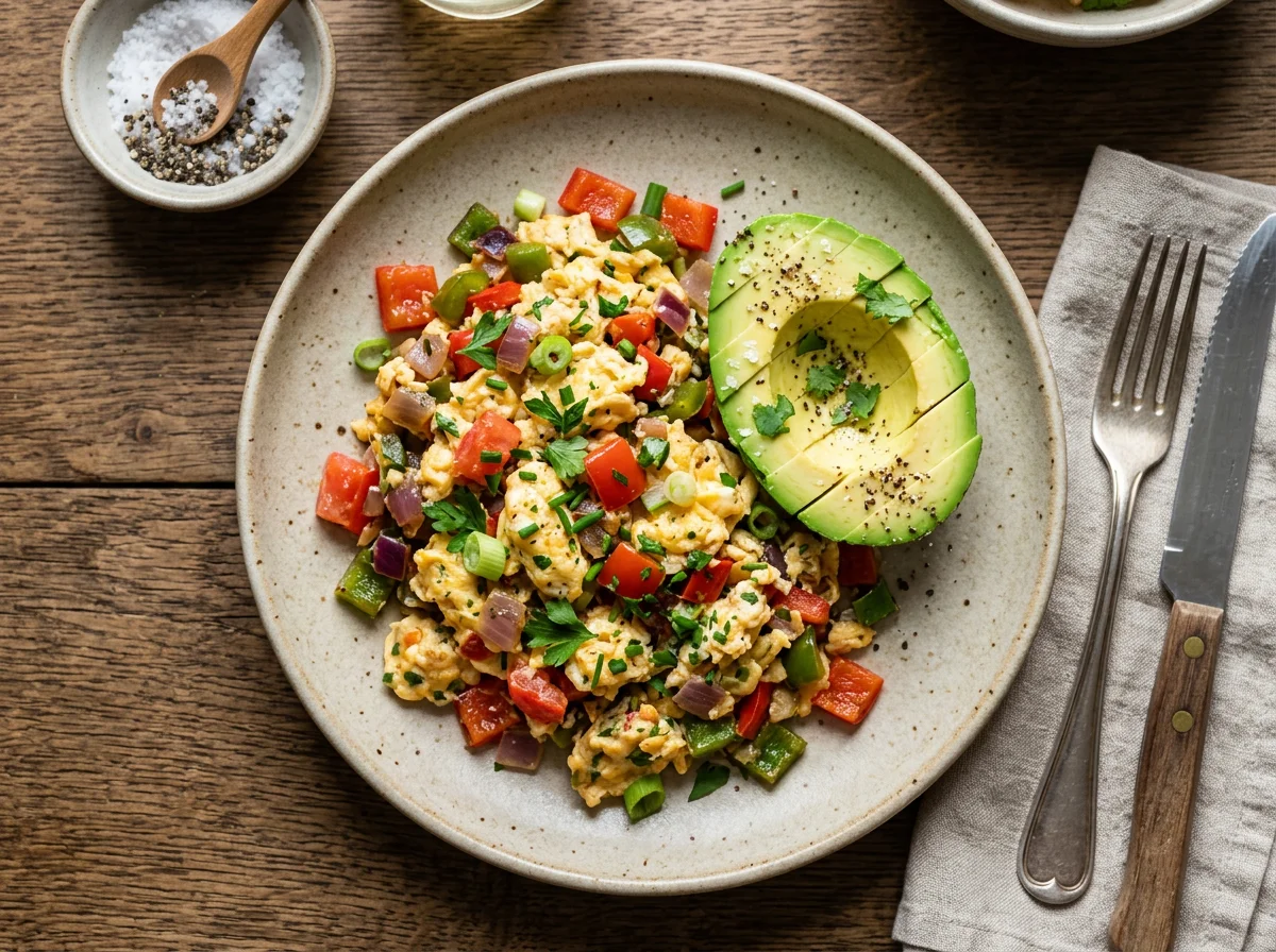 Scrambled Eggs with Vegetables and Avocado photo