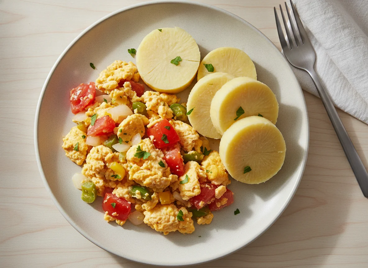 Scrambled eggs with vegetables and boiled yam photo