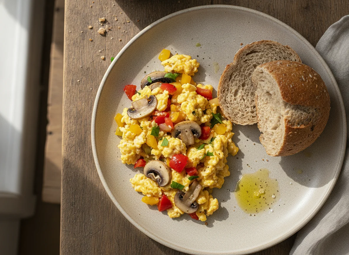 Scrambled eggs with vegetables and bread photo