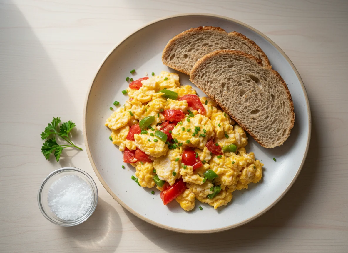 Scrambled Eggs with Vegetables and Brown Toast photo