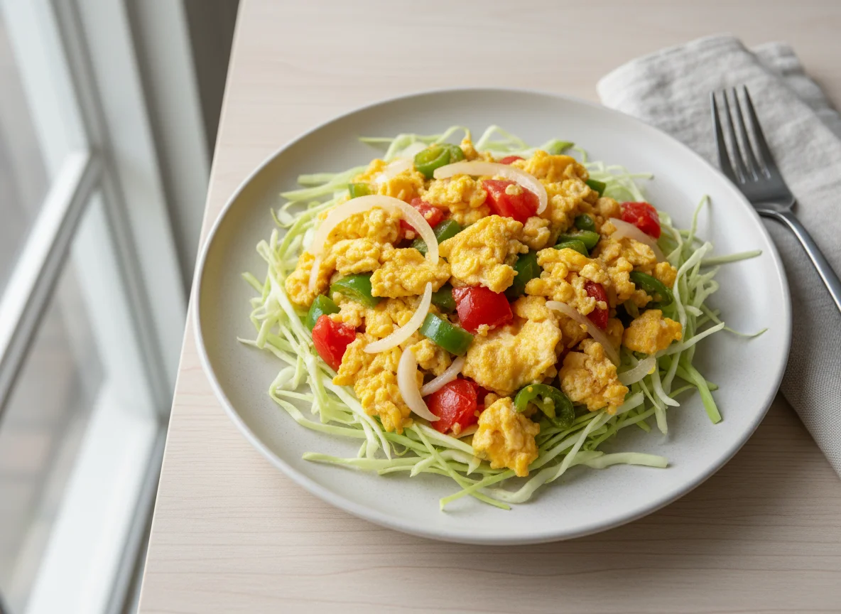 Scrambled Eggs with Vegetables and Cabbage photo