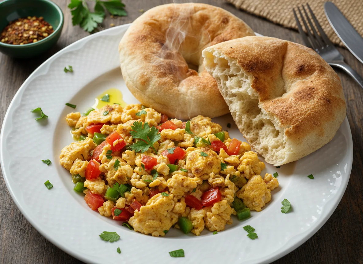 Scrambled Eggs with Vegetables and Egyptian Bread photo