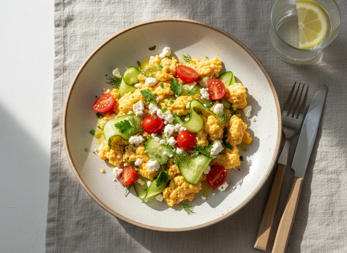 Scrambled Eggs with Vegetables and Feta Cheese photo