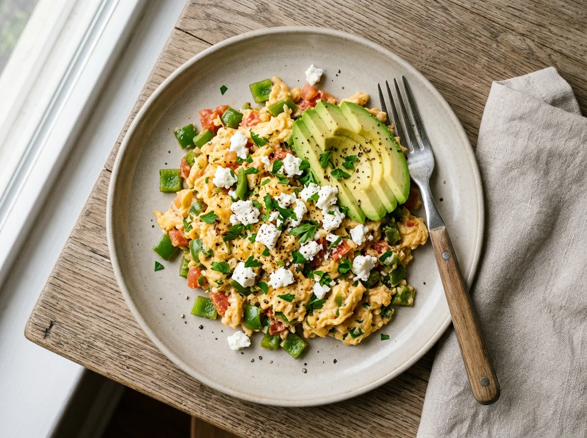 Scrambled Eggs with Vegetables and Feta photo