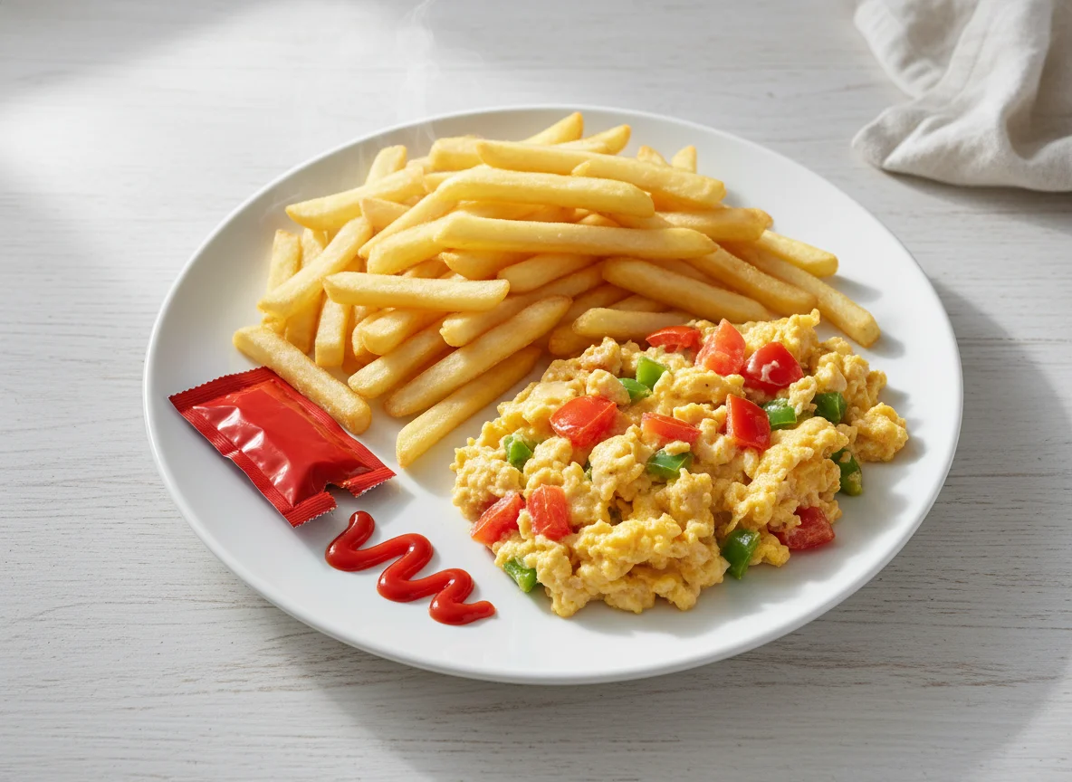 Scrambled Eggs with Vegetables and French Fries photo