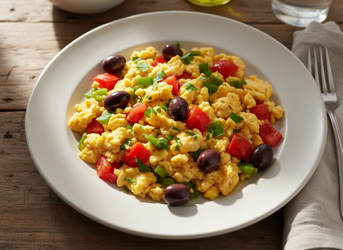 Scrambled Eggs with Vegetables and Olives photo
