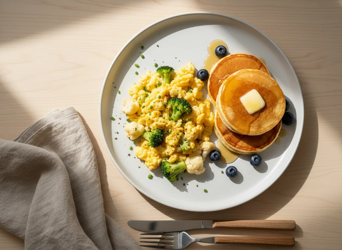 Scrambled Eggs with Vegetables and Pancakes photo