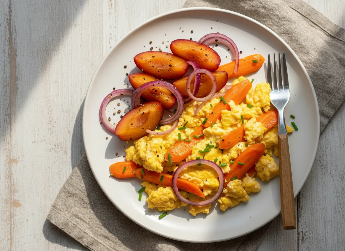 Scrambled Eggs with Vegetables and Plums photo