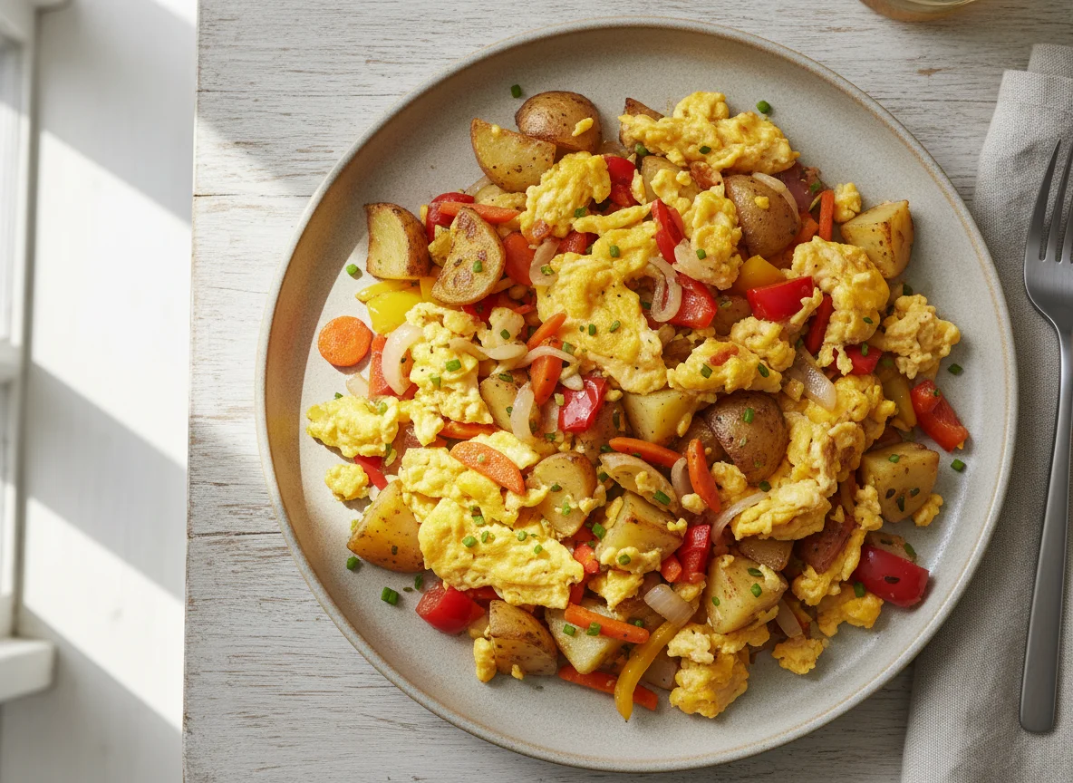 Scrambled Eggs with Vegetables and Potatoes photo