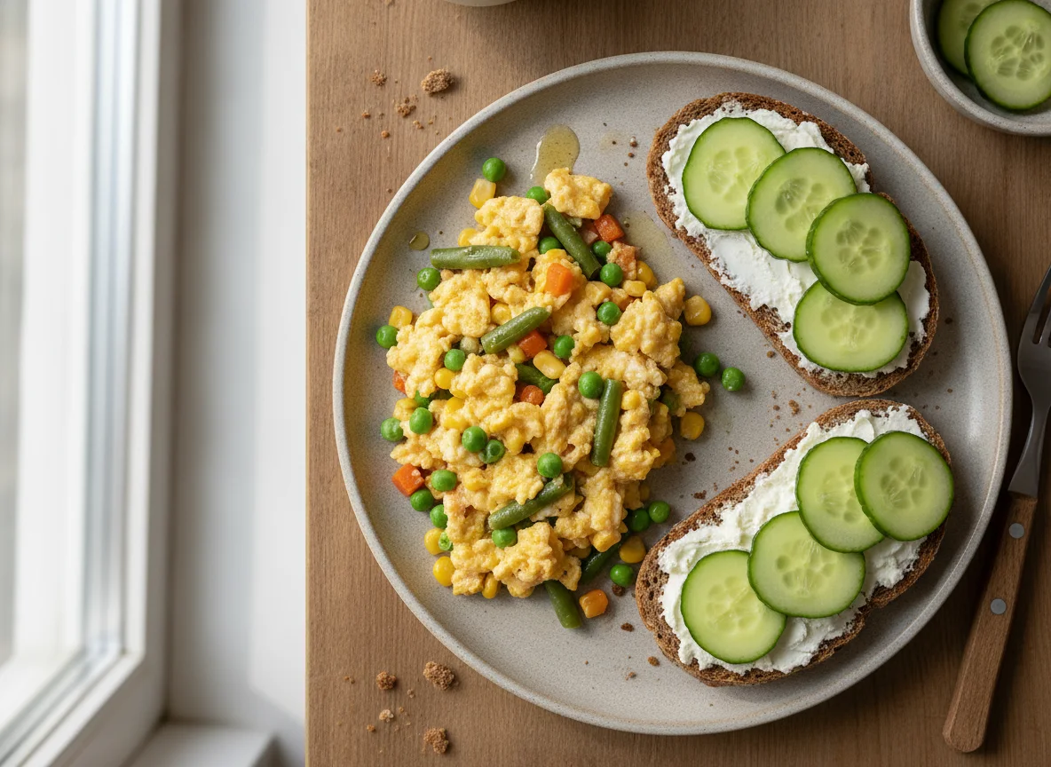 Scrambled eggs with vegetables and rye bread sandwiches photo