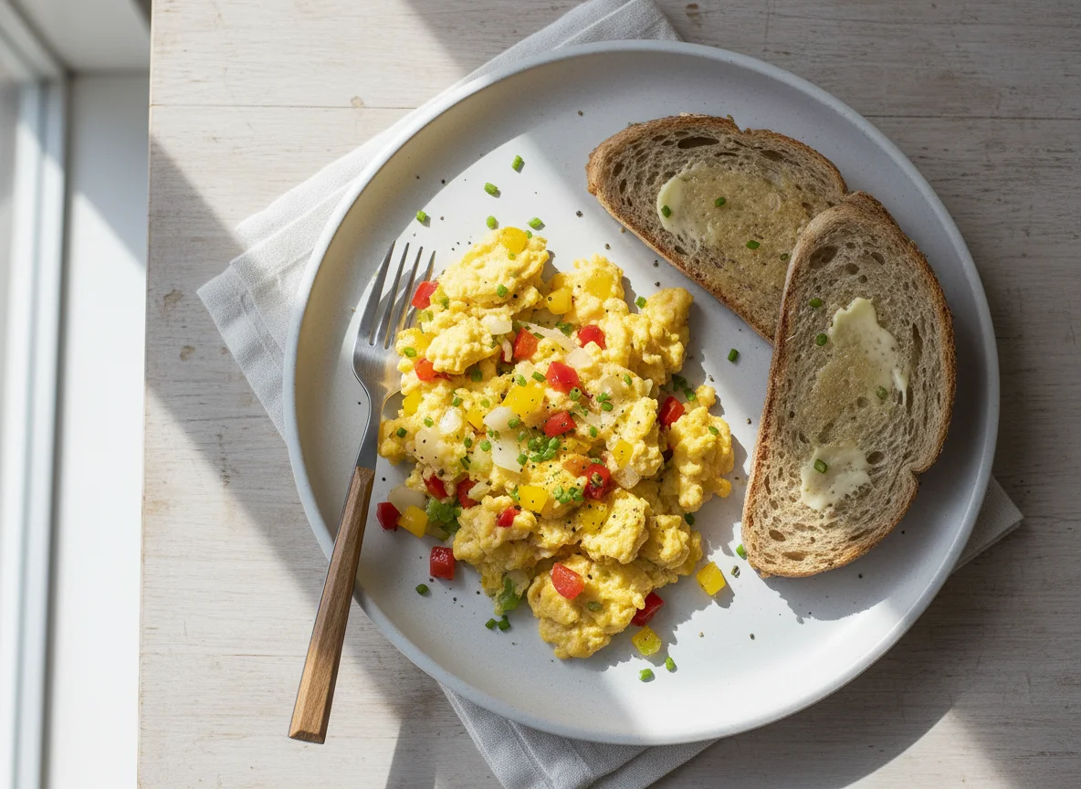 Scrambled Eggs with Vegetables and Toast photo