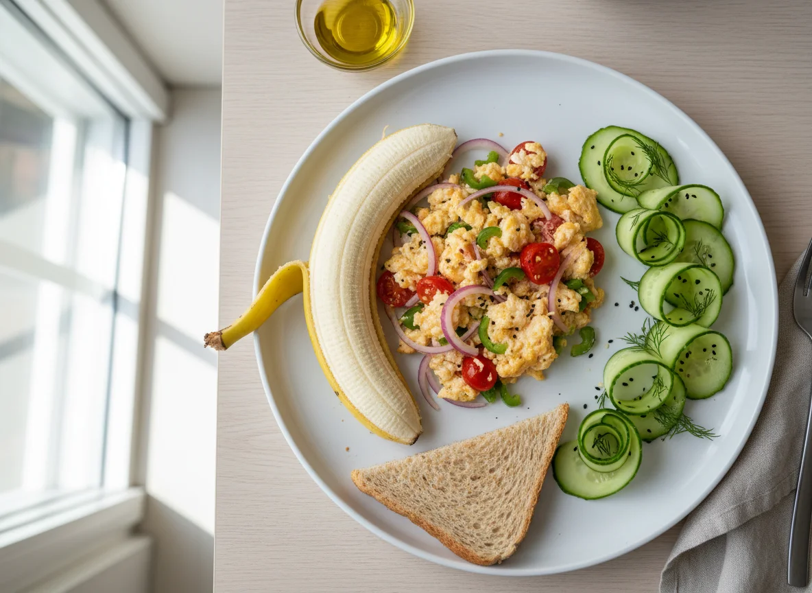 Scrambled Eggs with Vegetables, Banana, and Cucumber photo