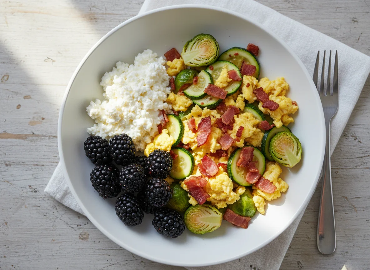 Scrambled Eggs with Vegetables, Blackberries, and Cottage Cheese photo